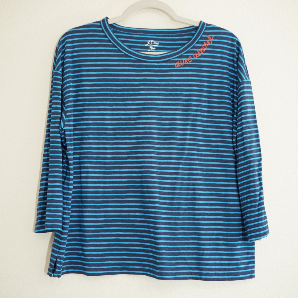 J. Crew Size Small Striped Long Sleeve Tee Navy Blue Avec Amour Embroidered